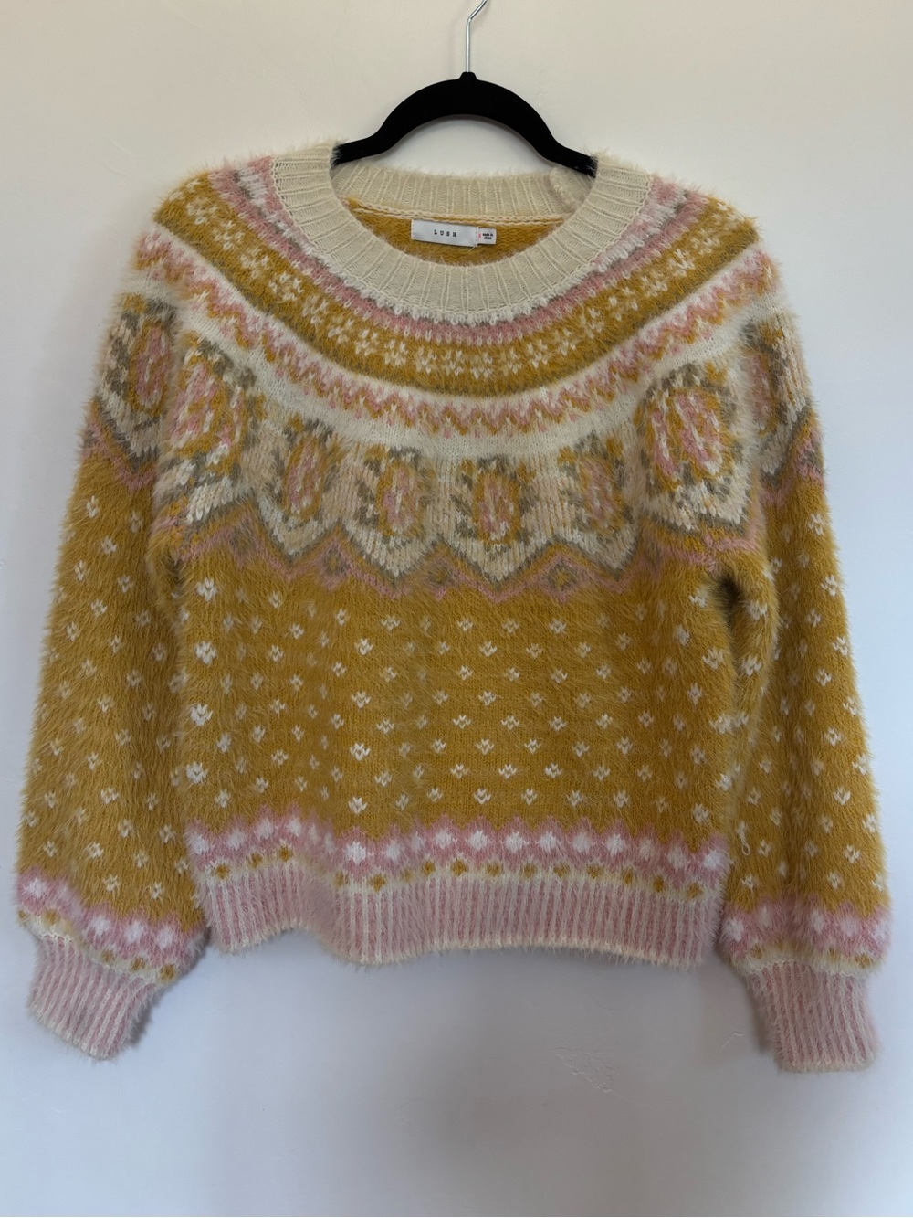 LUSH Fuzzy Fair Isle Sweater Small Mustard Pink Nordic Floral Cozy Pullover